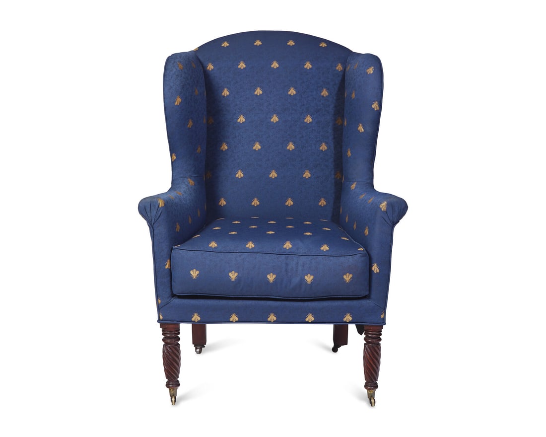A Late Federal Mahogany Easy Chair: A Late Federal Mahogany Easy Chair Circa 1825 with spiral-turned front legs ending in brass casters, upholstered in modern fabric. Height 47 x width 33 x seat depth 21 inches. This lot is located in P