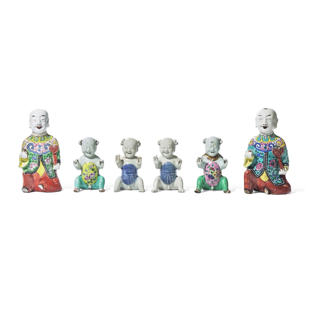 A Group of Six Chinese Export Porcelain "Laughing Boy" Figures: A Group of Six Chinese Export Porcelain "Laughing Boy" Figures 18th Century Height 7 x width 3 3/4 x depth 2 inches (largest). This lot is located in Philadelphia. Provenance: The Collection of Robert
