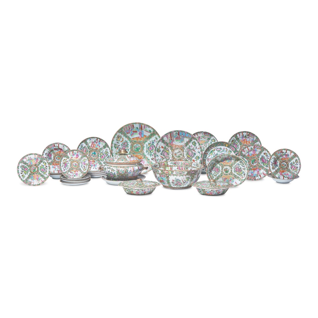 A Large Group of Thirty-Seven Chinese Export Porcelain Rose Medallion Tablewares (1 of 4)