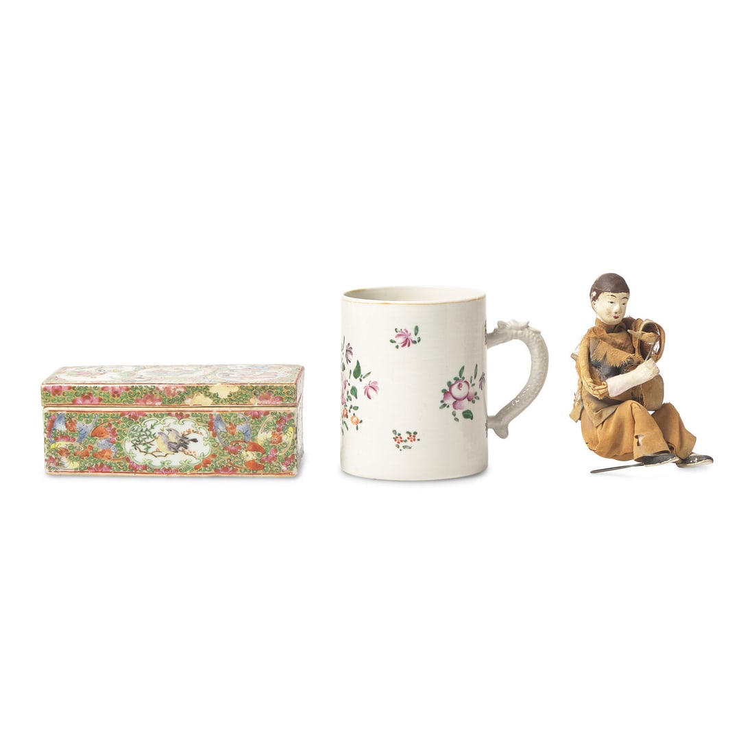 An Assorted Group of Chinese Export Items: An Assorted Group of Chinese Export Items Late 18th / 19th Century comprising a Famille Rose mug, late 18th century, decorated with floral motifs and with dragon-form handle; a Rose Medallion lidded b