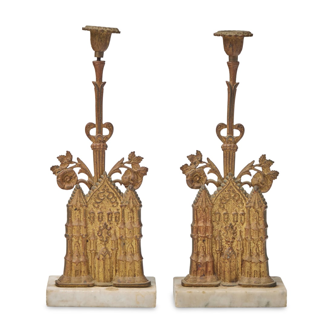 A Pair of Gothic Cast Brass and Marble Girandoles: A Pair of Gothic Cast Brass and Marble Girandoles Possibly Cornelius & Co., Philadelphia, Pennsylvania, Circa 1840 in the form of cathedrals. Height 13 1/2 x width 5 3/8 x depth 3 5/8 inches. This lot