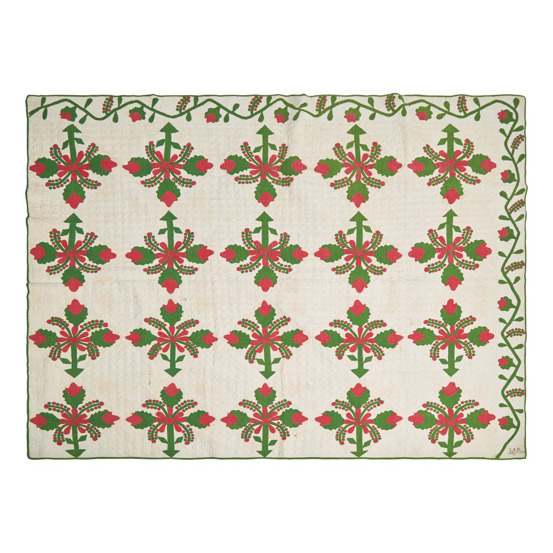 A "Cockscomb and Current" Pattern Pieced and Applique Cotton Quilt: A "Cockscomb and Current" Pattern Pieced and Applique Cotton Quilt Signed, "L.A.R." and Dated, "July 4th 1851." initials and date, “L.A.R. July 4th 1851”, sewn in corner, hand-sewn with so