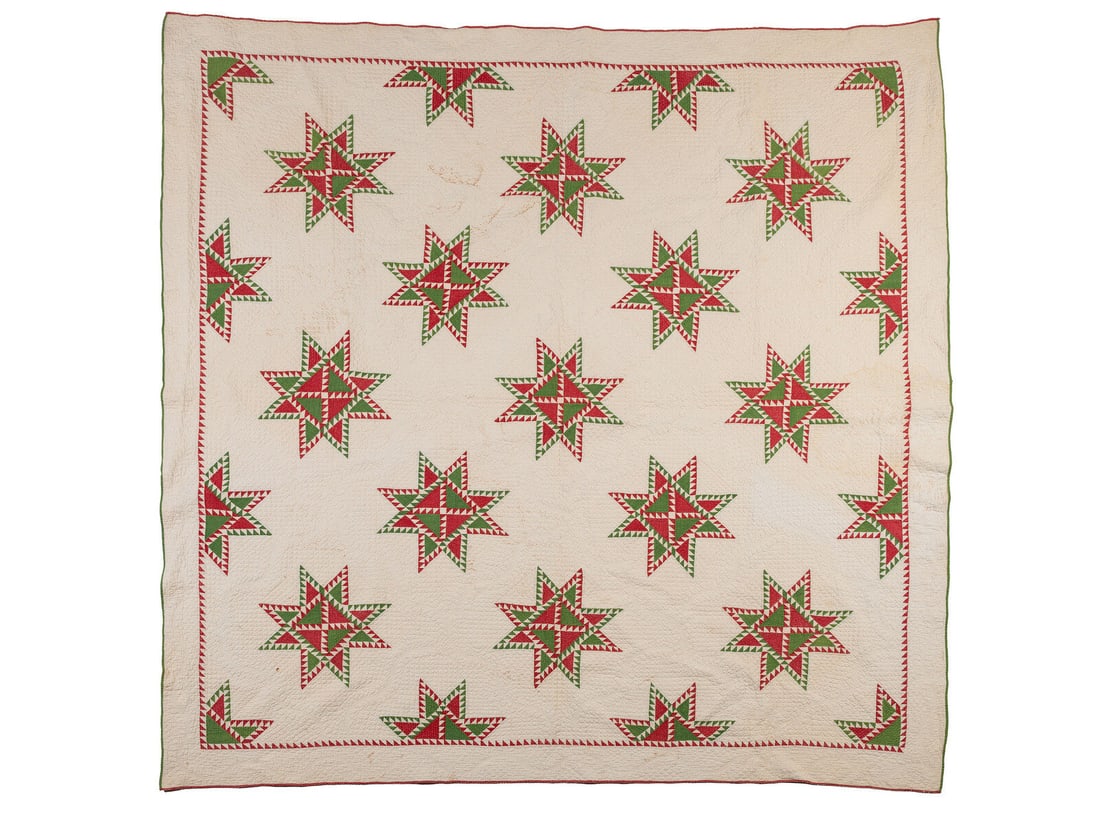 A Hand-Sewn Red and Green "Star" Pattern Quilt (1 of 4)