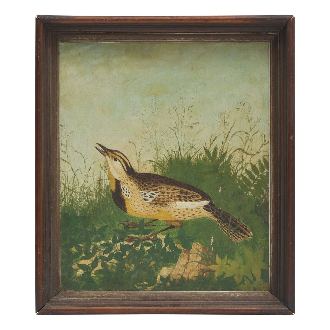 American School 19th Century, A Bird's Landing: American School 19th Century, A Bird's Landing Late 19th Century signed, "C.W. Forny" (?), l.l., oil on canvas, mounted to masonite, framed. 16 x 13 1/2 inches (sight), 19 x 16 1/2 inches (frame). Thi