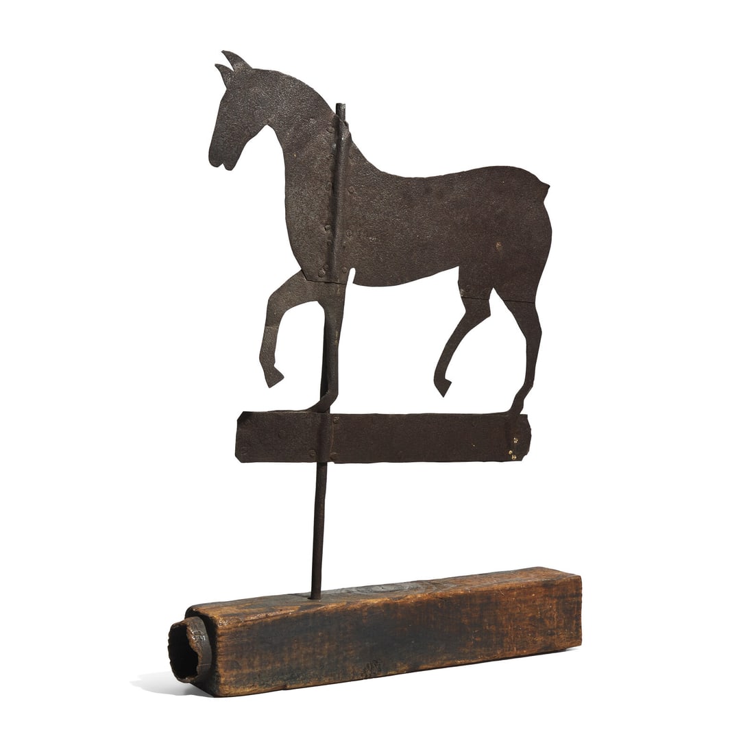 A Wrought Sheet Iron Horse Weathervane: A Wrought Sheet Iron Horse Weathervane Late 19th Century displayed on later wood base. Height 36 x width 25 1/4 x depth 4 3/8 inches (including the base, overall). From the Collection of Jay N. Guerbe