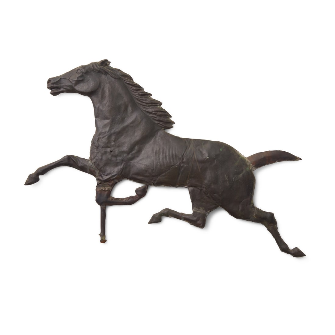 A Molded and Patinated Copper Running Horse Weathervane: A Molded and Patinated Copper Running Horse Weathervane Late 19th Century 17 1/4 x 27 inches. Estate of Vincent M. McGrath, Marblehead, MA This lot is located in Philadelphia. Provenance: Vincent "Vin