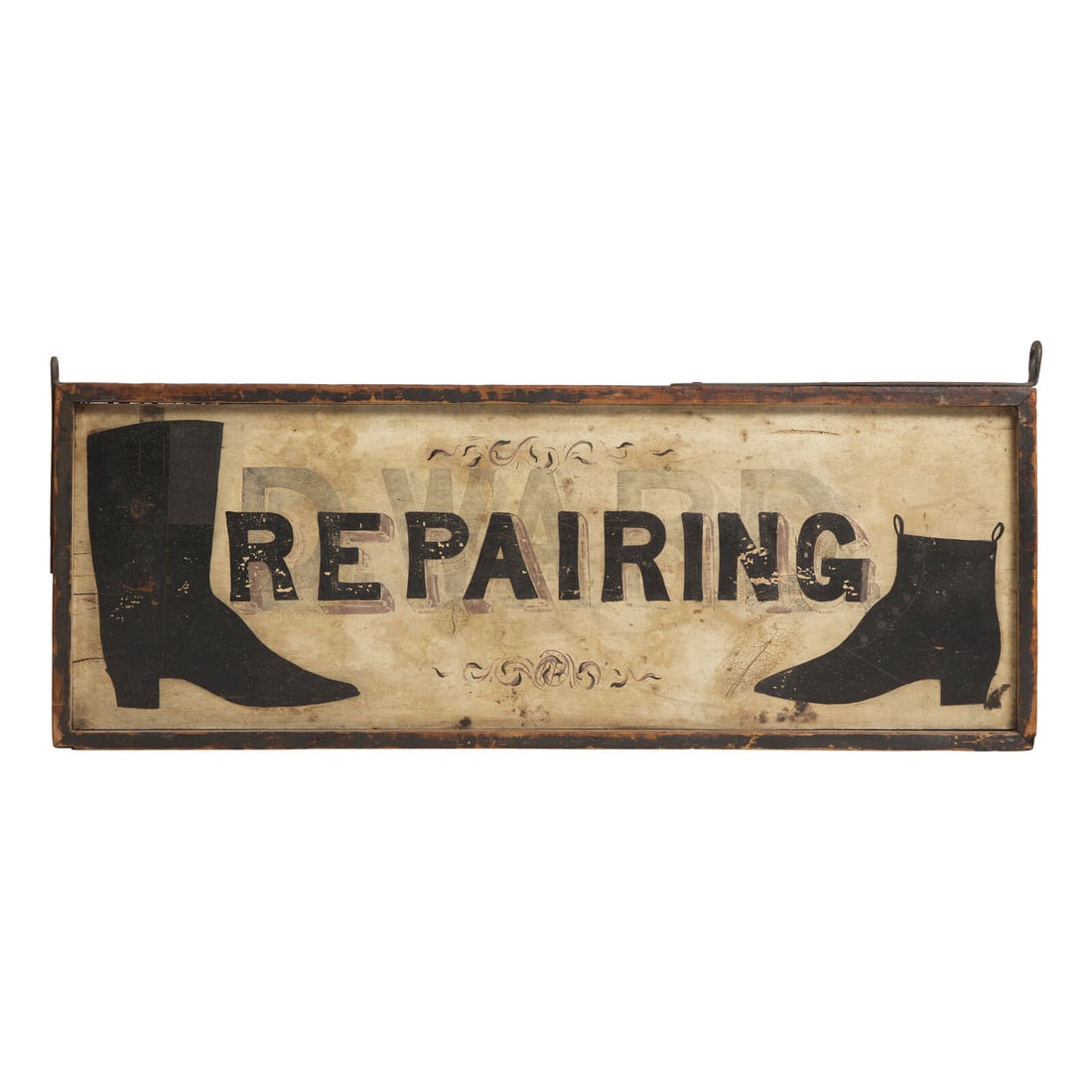 A Painted Wood Shoe "Repairing" Trade Sign: A Painted Wood Shoe "Repairing" Trade Sign Late 19th Century inscribed, "D. Ward/ Repairing". 16 1/2 x 43 1/2 inches (not including loops). This lot is located in Philadelphia.