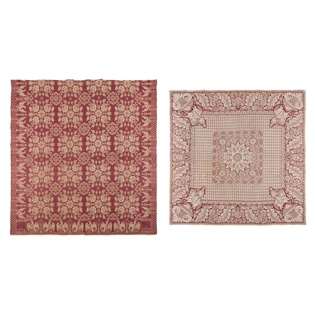 Two Jacquard Woven Cotton and Wool Coverlets: Two Jacquard Woven Cotton and Wool Coverlets The First by Jacob Impson (c. 1802-1869), Groton, Cortland County, New York, Dated, "1838", the second, Pennsylvania, Circa 1870-1876 the first, natural co