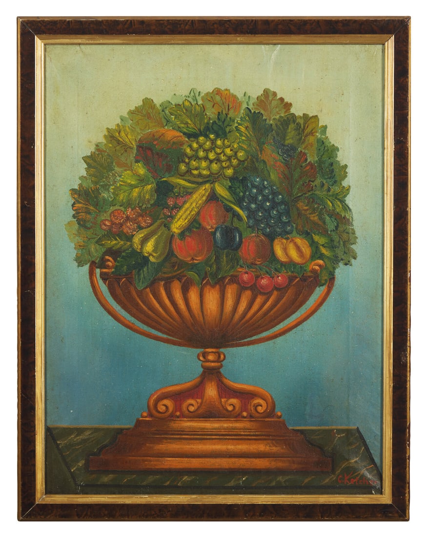 American School 19th Century, A Still Life: Urn with Fruit: American School 19th Century, A Still Life: Urn with Fruit signed, "C. Ketcher", l.r., oil on canvas, framed. 23 1/2 x 17 1/2 inches (sight), 26 1/2 x 20 1/2 inches (frame). This lot is located in Phi