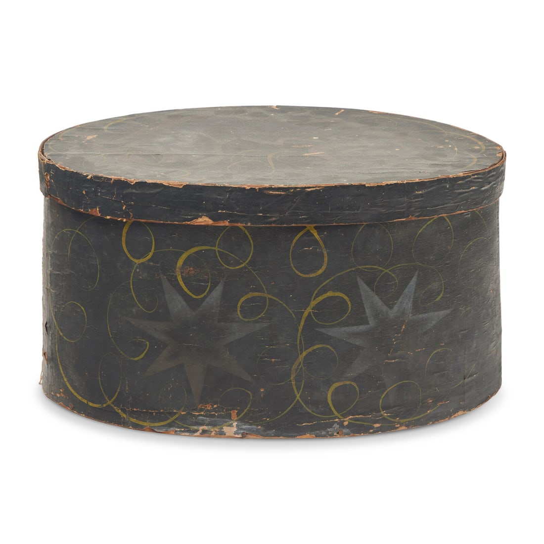 A Painted Paper Covered Hat Box: A Painted Paper Covered Hat Box 19th Century decorated with six-pointed stars and swirling motifs. Height 10 x width 18 5/8 x depth 14 inches. This lot is located in Philadelphia. Provenance: James Ab