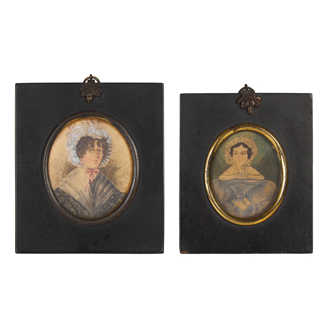 Anglo-American School 19th Century, Two Portrait Miniatures of Ladies in Bonnets (1 of 2)