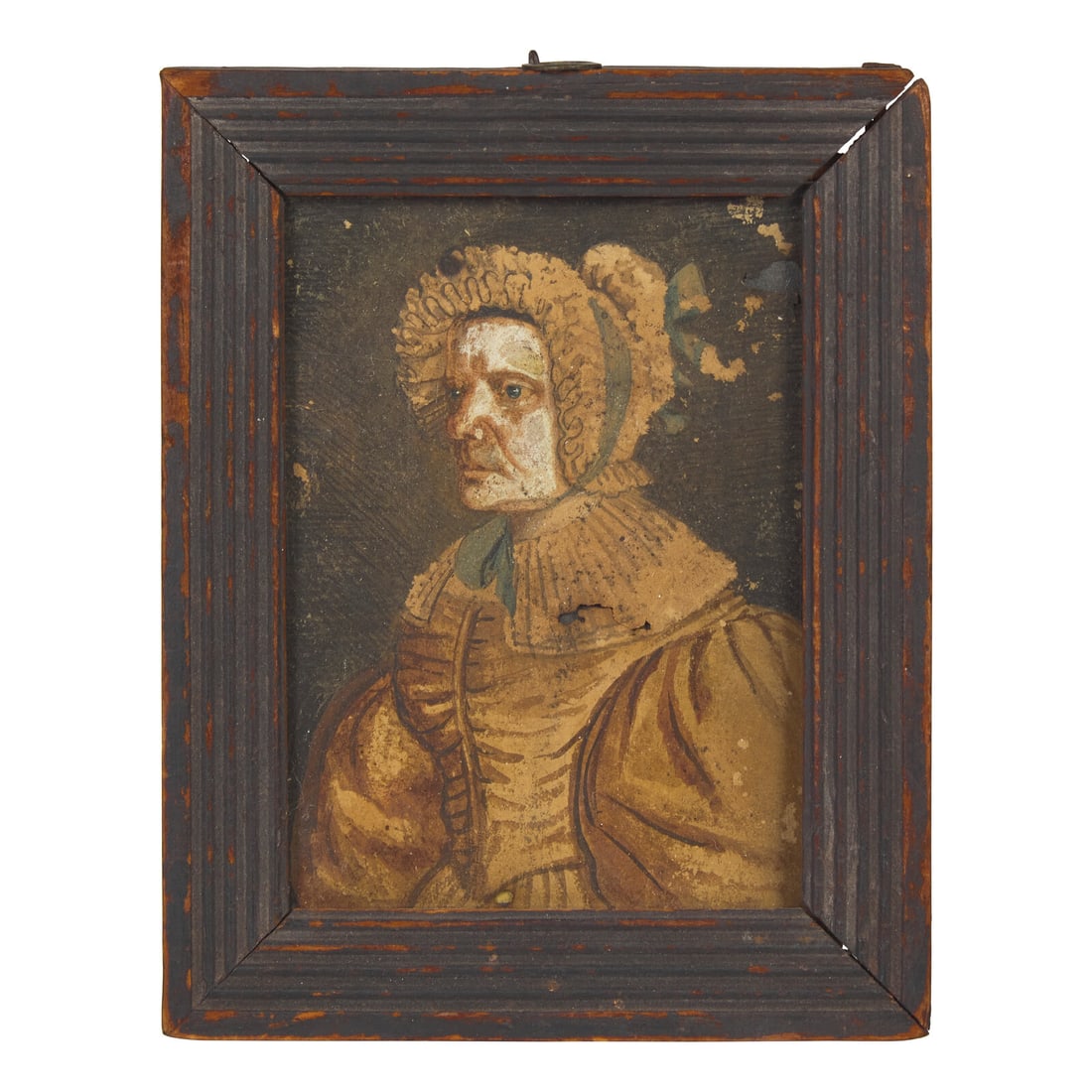 American School 19th Century, A Portrait Miniature of a Woman in a Bonnet: American School 19th Century, A Portrait Miniature of a Woman in a Bonnet ink, watercolor, and gouache on paper, framed. 4 x 2 7/8 inches (sight), 5 1/2 x 4 1/4 inches (frame). This lot is located in 