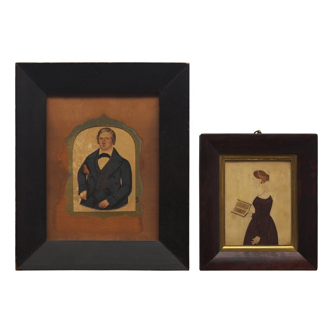 Anglo-American School 19th Century, Two Portrait Miniatures: A Young Lady with Book and a Seated Man (1 of 5)