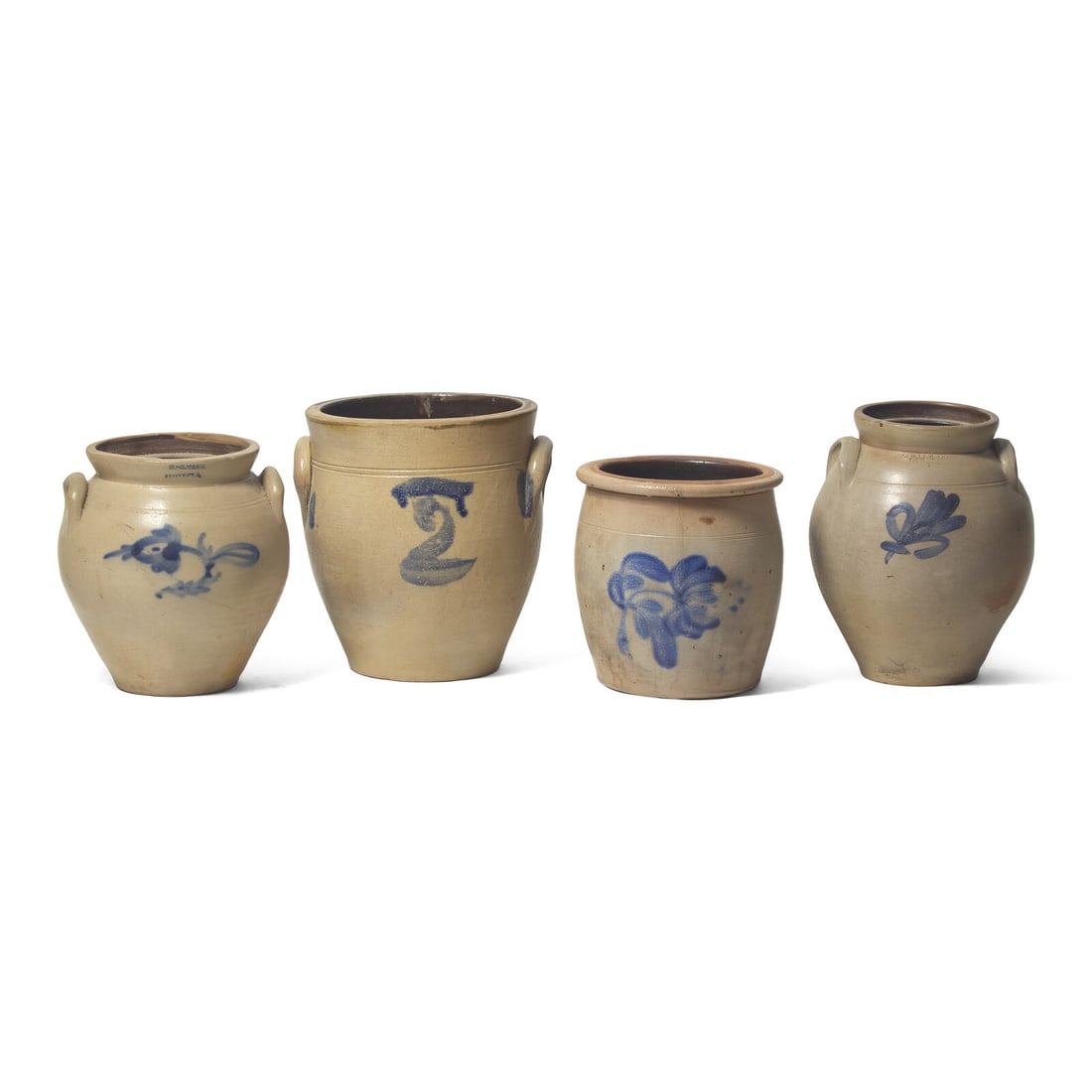 Four Small Cobalt-Decorated Stoneware Crocks (1 of 2)