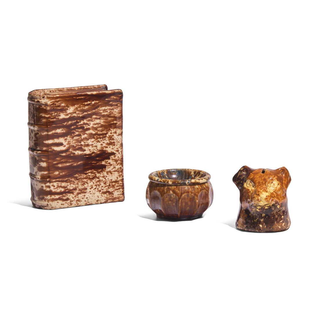 Two Rockingham Glazed Earthenware Items and a Glazed Pottery Dog-Form Bank (1 of 3)