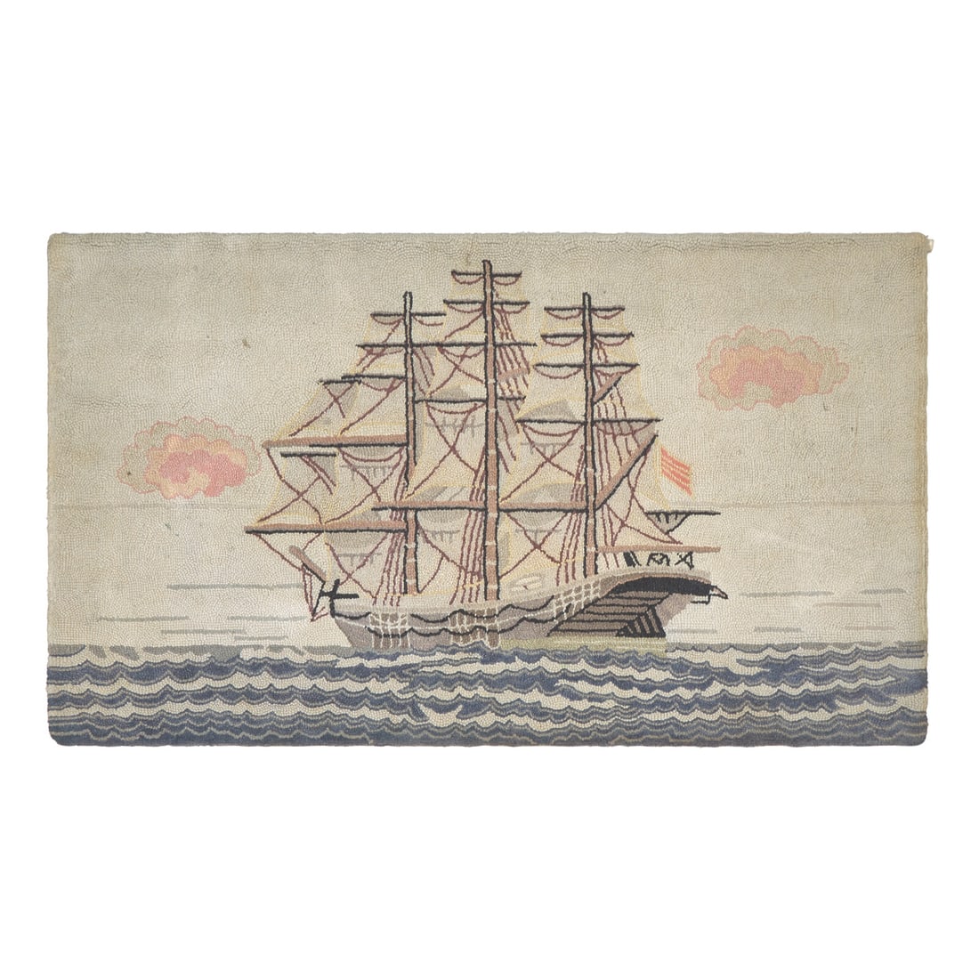 A Hooked Rug Depicting a Ship: A Hooked Rug Depicting a Ship 20th Century the upper edge with loop verso, presently with rod for hanging on the wall. 35 1/4 x 58 1/4 inches. Estate of Vincent M. McGrath, Marblehead, MA This lot is 
