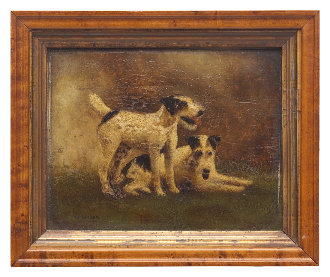 Anglo-American School 19th Century, A Portrait of Two Wire Haired Fox Terriers: Anglo-American School 19th Century, A Portrait of Two Wire Haired Fox Terriers signed and dated, "W. Telford/ 1877 (?)", oil on board, framed. 7 x 9 inches (sight), 9 3/4 x 11 3/4 inches (frame). This