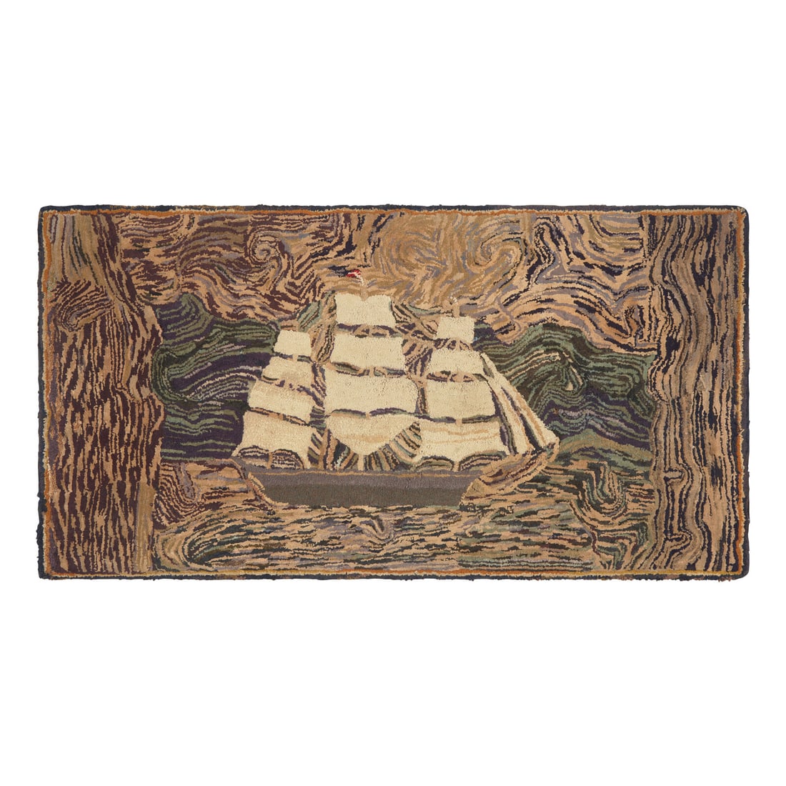 A Wool Hooked Rug Depicting a Three-Masted Ship: A Wool Hooked Rug Depicting a Three-Masted Ship Late 19th / Early 20th Century mounted. 30 1/4 x 59 inches. From the Collection of Jay N. Guerber This lot is located in Philadelphia.