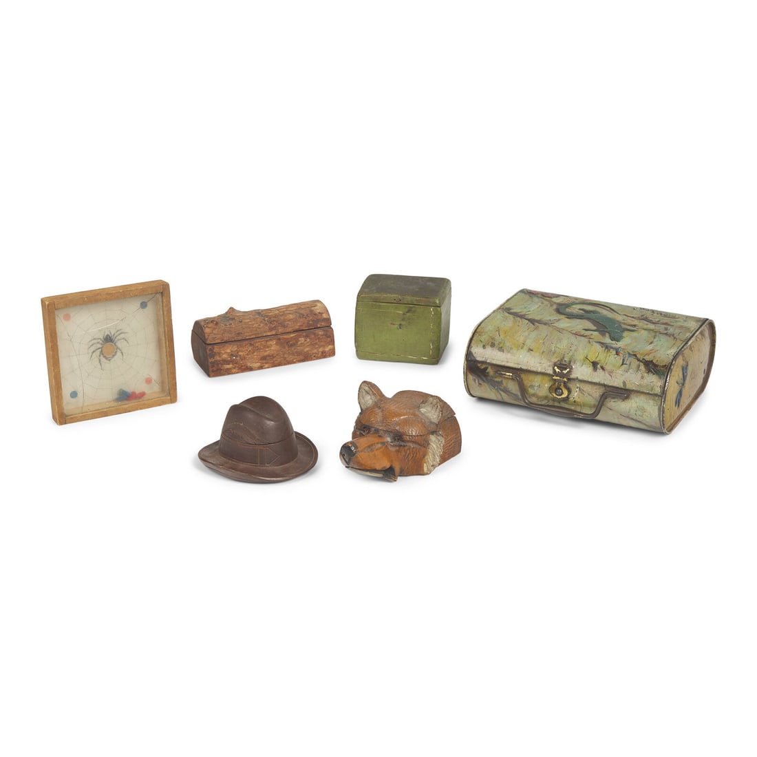 A Group of Five Assorted Boxes and Inkwells, Together with The Spider and the Fly Game (1 of 2)