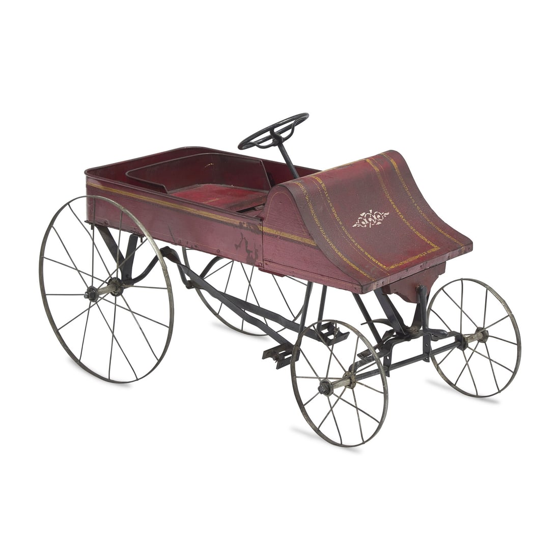 A Painted Tin Pedal Car: A Painted Tin Pedal Car Early 20th Century Height 23 x width 36 x depth 17 inches. Property from a Duxbury, Massachusetts Estate This lot is located in Philadelphia.