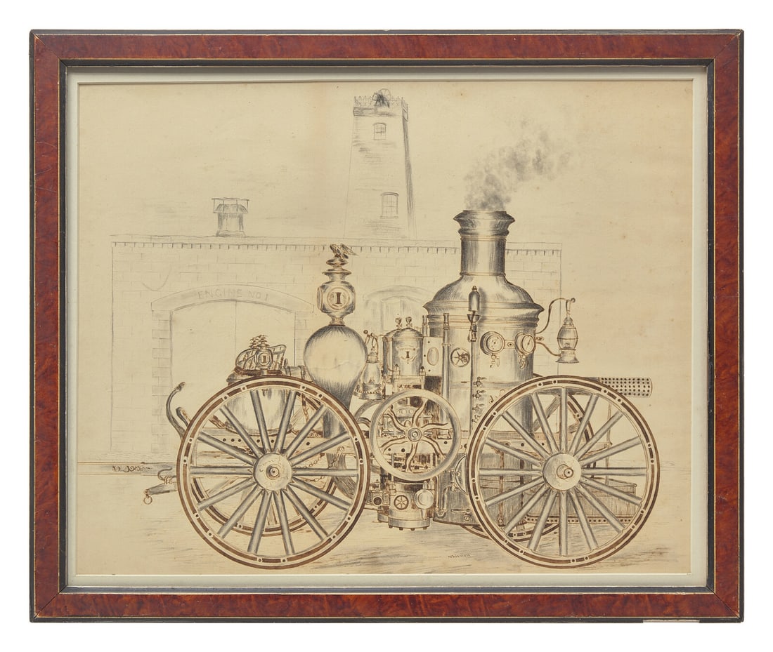 American School 19th Century, A Sketch of Fire Engine No. 1: American School 19th Century, A Sketch of Fire Engine No. 1 ink on paper, matted and framed. 13 x 16 1/4 inches (sight), 15 5/8 x 18 7/8 inches (frame). This lot is located in Philadelphia. Provenance