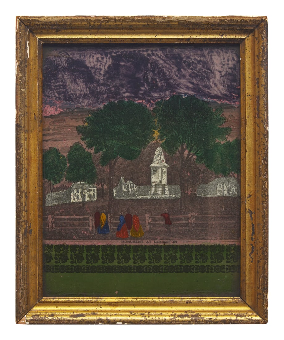 A Reverse Glass Printed and Painted Picture of the Revolutionary War Monument in Lexington, (1 of 3)