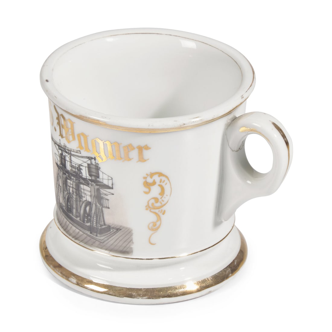 A Gilt and Enamel-Decorated Porcelain Occupational Shaving Mug Depicting the Corliss Steam Engine at (1 of 3)