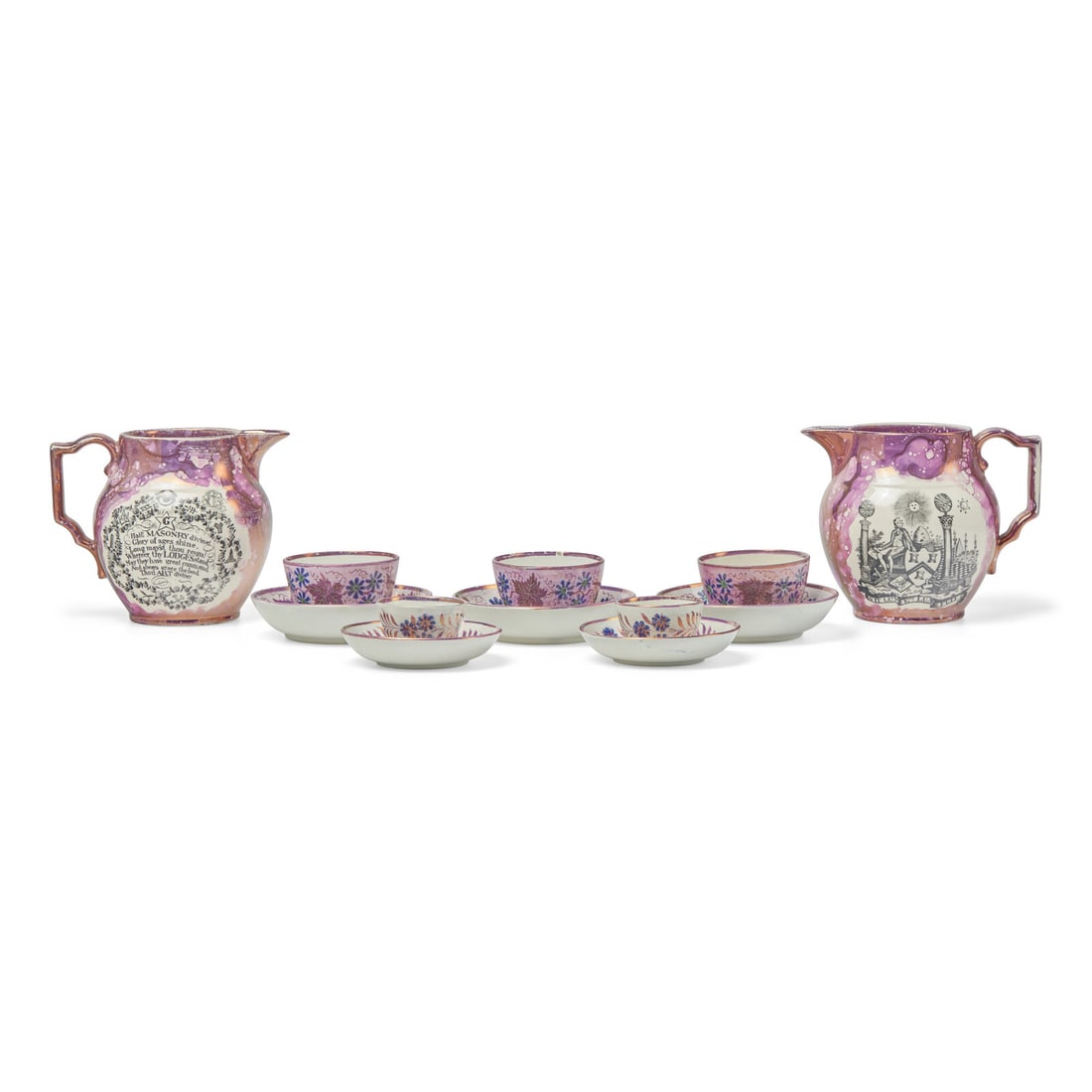 A Pair of Staffordshire Pink Sunderland Lustreware Masonic Water Pitchers, Together with Five Tea (1 of 4)
