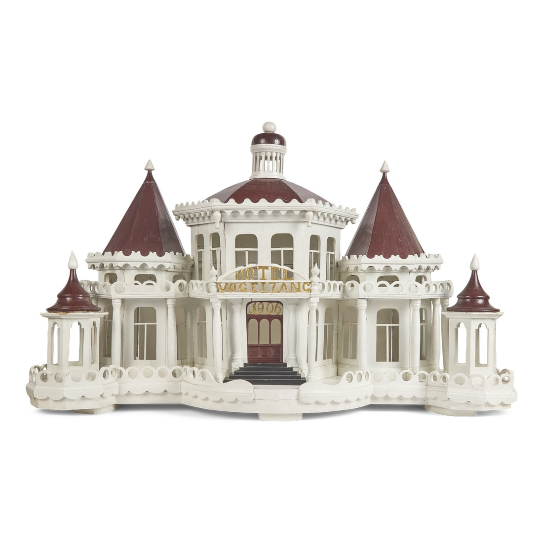 A Large Painted Wood Purple Martin House, "Hotel Vogelzang/ 1906" From Chestnut Hill, Philadelphia: A Large Painted Wood Purple Martin House, "Hotel Vogelzang/ 1906" From Chestnut Hill, Philadelphia Dated, "1906" Height 33 x width 51 x depth 22 1/2 This lot is located in Philadelphia.
