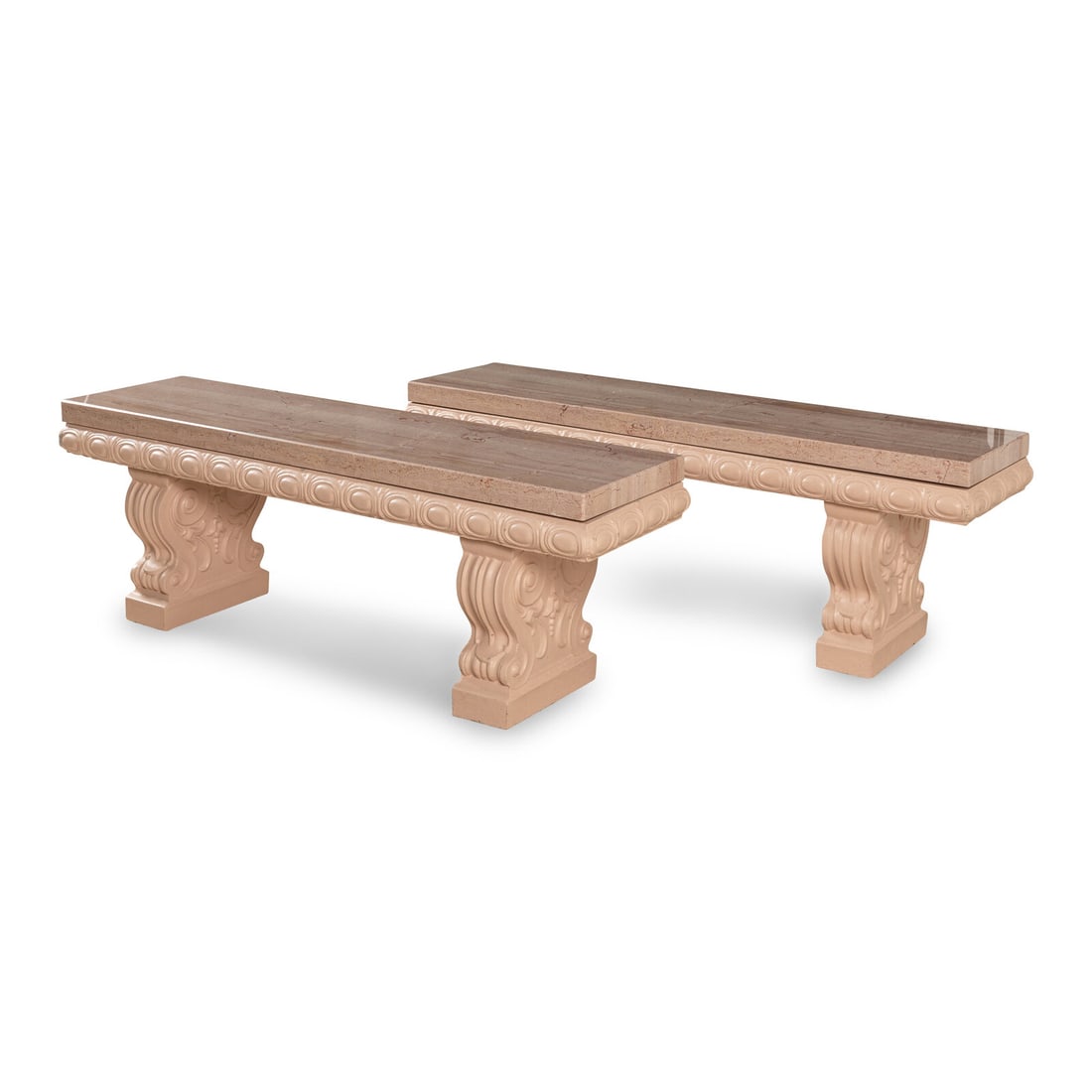 A Pair of Marble Low Tables: A Pair of Marble Low Tables 20th Century Height 15 1/2 x width 56 x depth 15 inches. This lot is located in Chicago.
