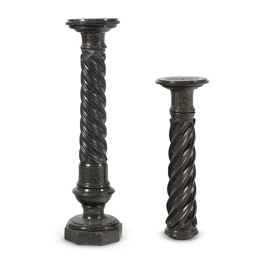 Two Continental Black Marble Pedestals: Two Continental Black Marble Pedestals 20th Century Tallest height 39 x diameter 10 1/2 inches. Property from the Collection of Richard and Deanna Freeland This lot is located in Chicago.