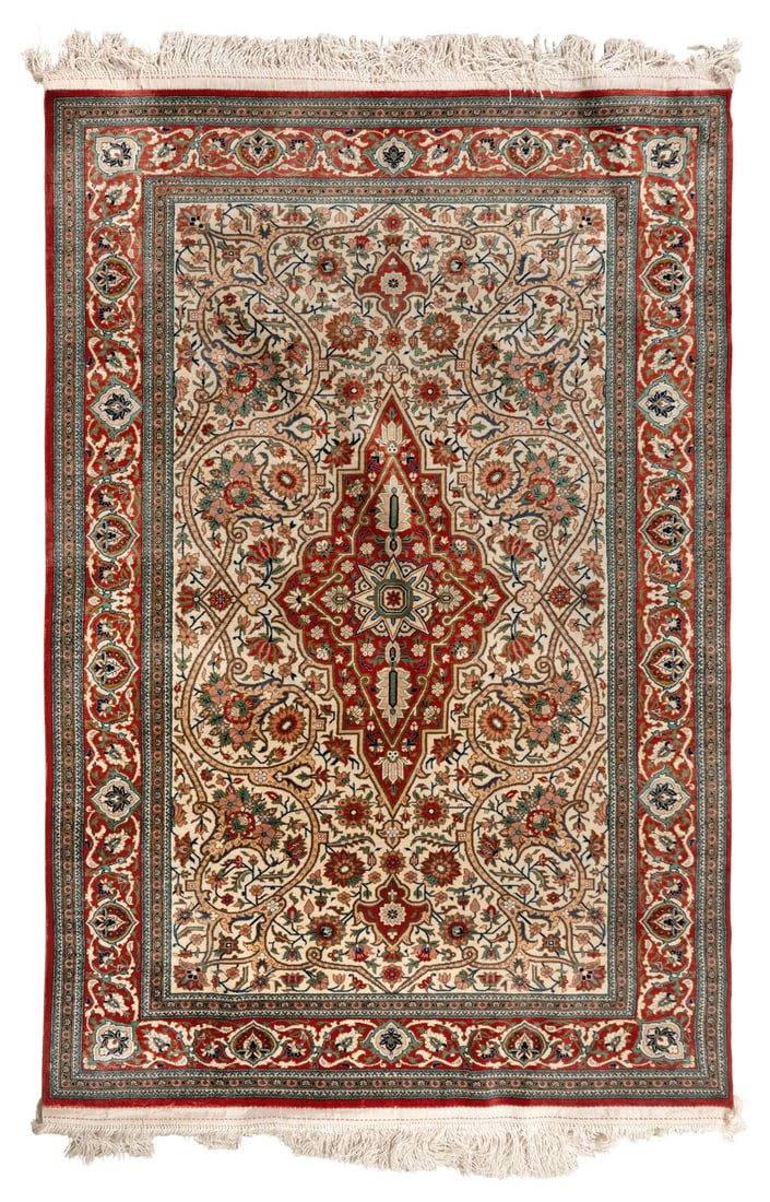 A Persian Silk Rug: A Persian Silk Rug Second Half 20th Century 4 feet 9 inches x 3 feet 2 inches. This lot is located in Chicago.