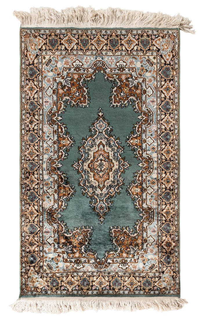A Persian Silk Rug: A Persian Silk Rug Second Half 20th Century 4 feet x 2 feet 5 inches. This lot is located in Chicago.