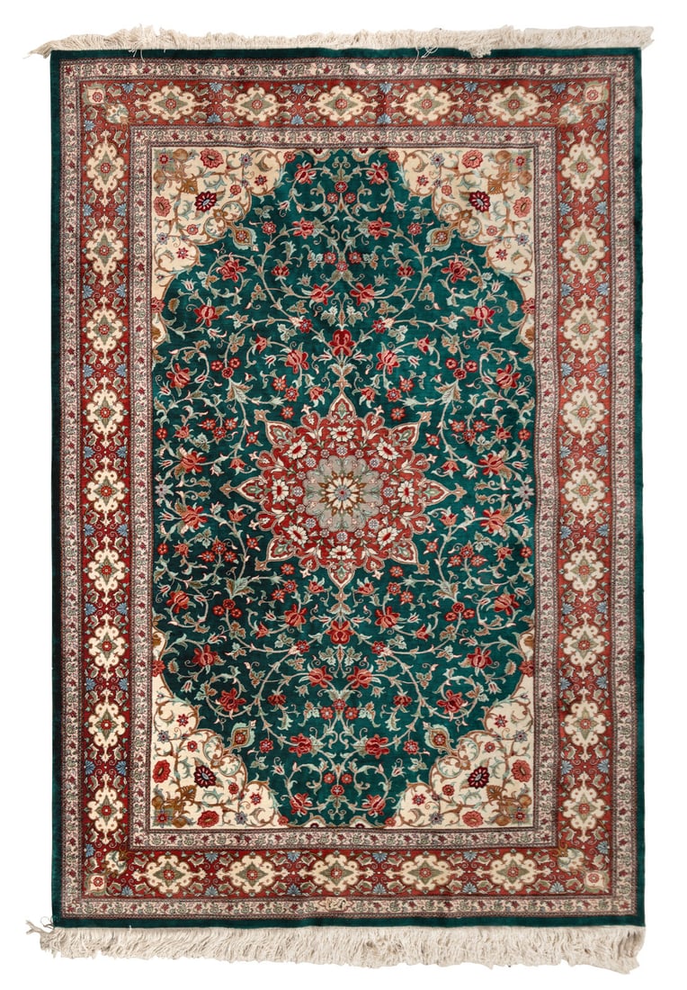 A Persian Silk Rug: A Persian Silk Rug Length 6 ft 6 inches x width 4 ft 5 inches. This lot is located in Chicago.