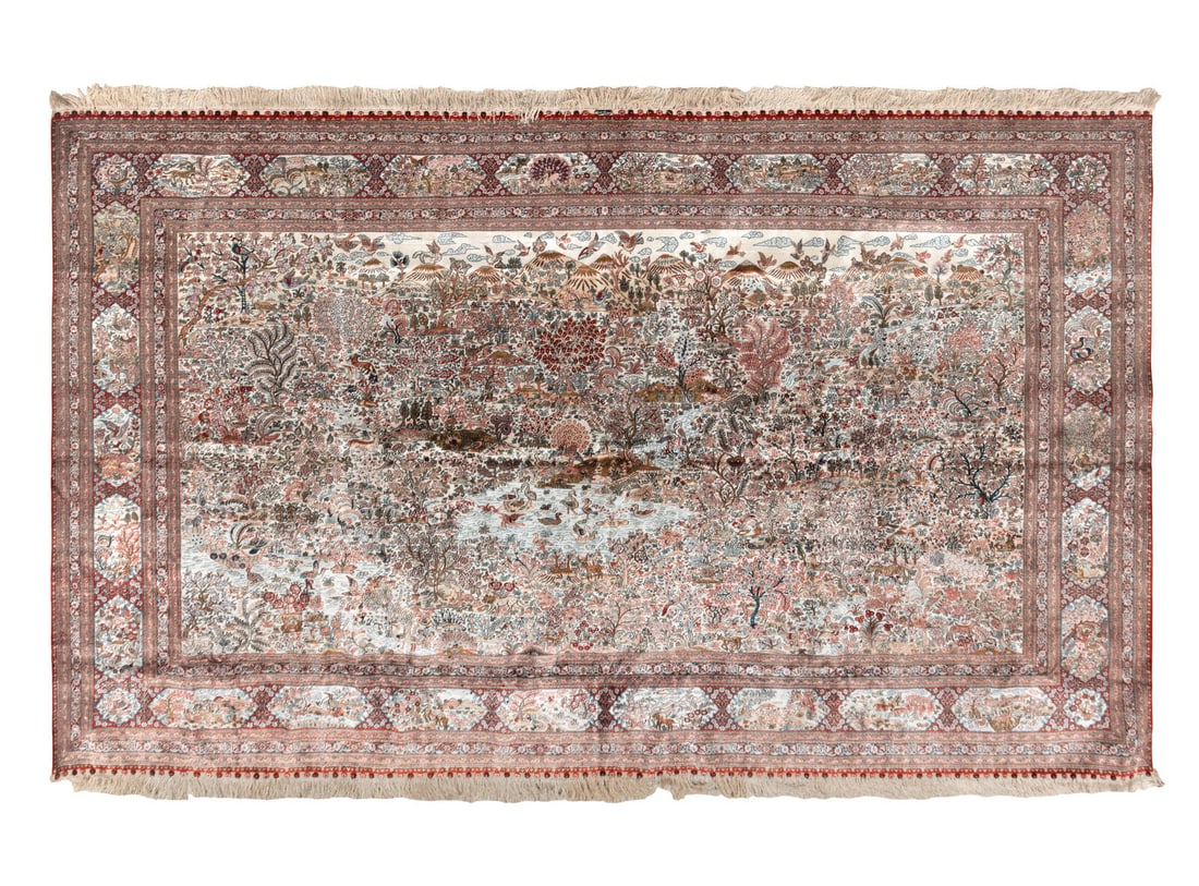 A Persian Silk Pictorial Rug: A Persian Silk Pictorial Rug 8 feet 2 inches x width 5 feet 1 inch. This lot is located in Chicago.