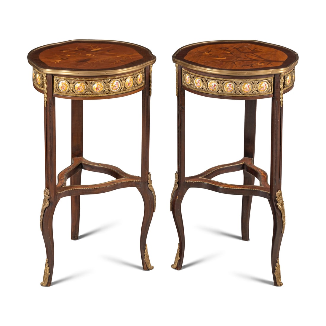 A Pair of Late Louis XV Style Marquetry, Gilt-Brass and Enamel Mounted Side Tables (1 of 3)