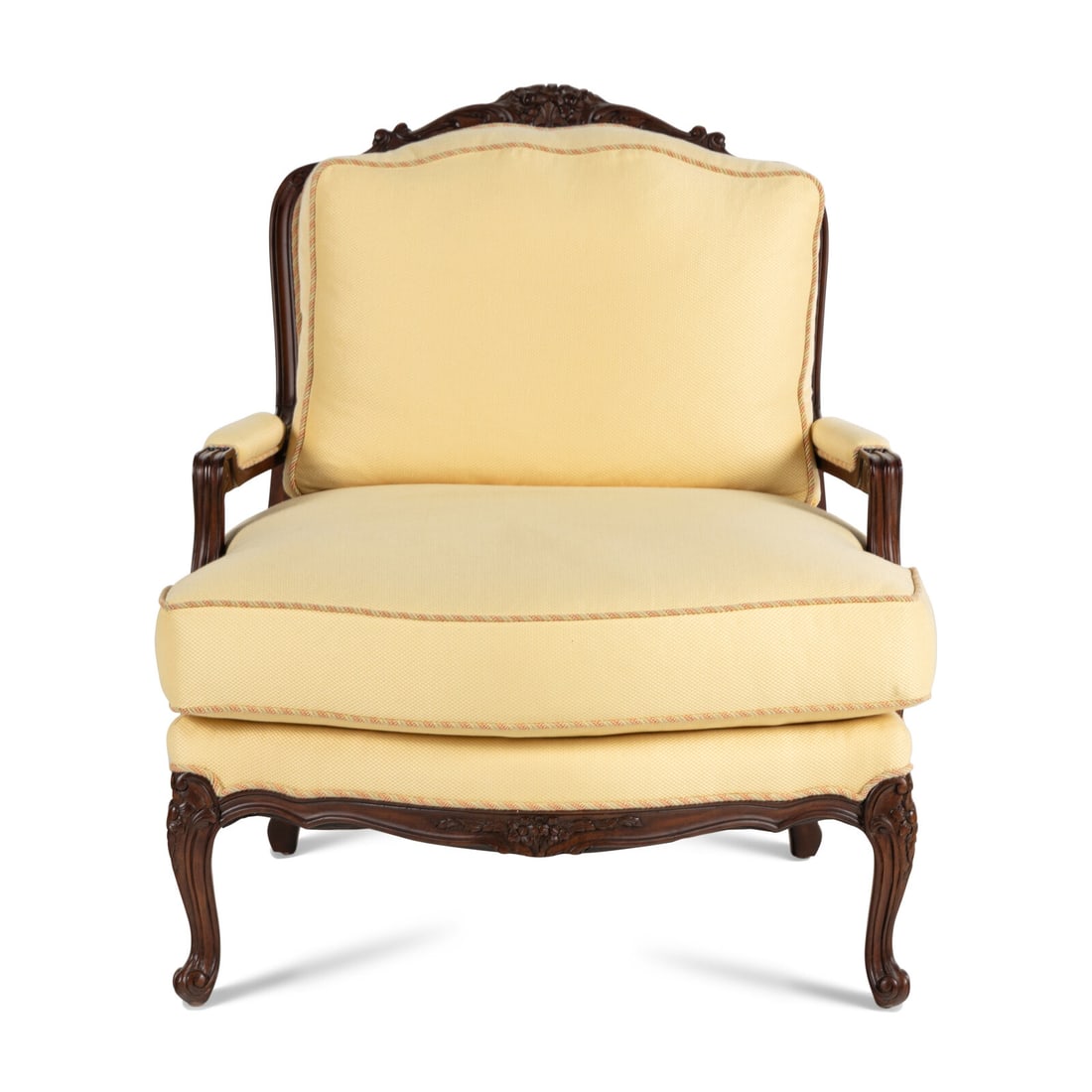 A Louis XV Style Walnut Fauteuil: A Louis XV Style Walnut Fauteuil 20th Century with Edward Ferrell label under seat cushion. Height 37 1/2 x width 32 1/2 x depth 39 inches. Property from the Estate of Richard and Annette Bloch,
