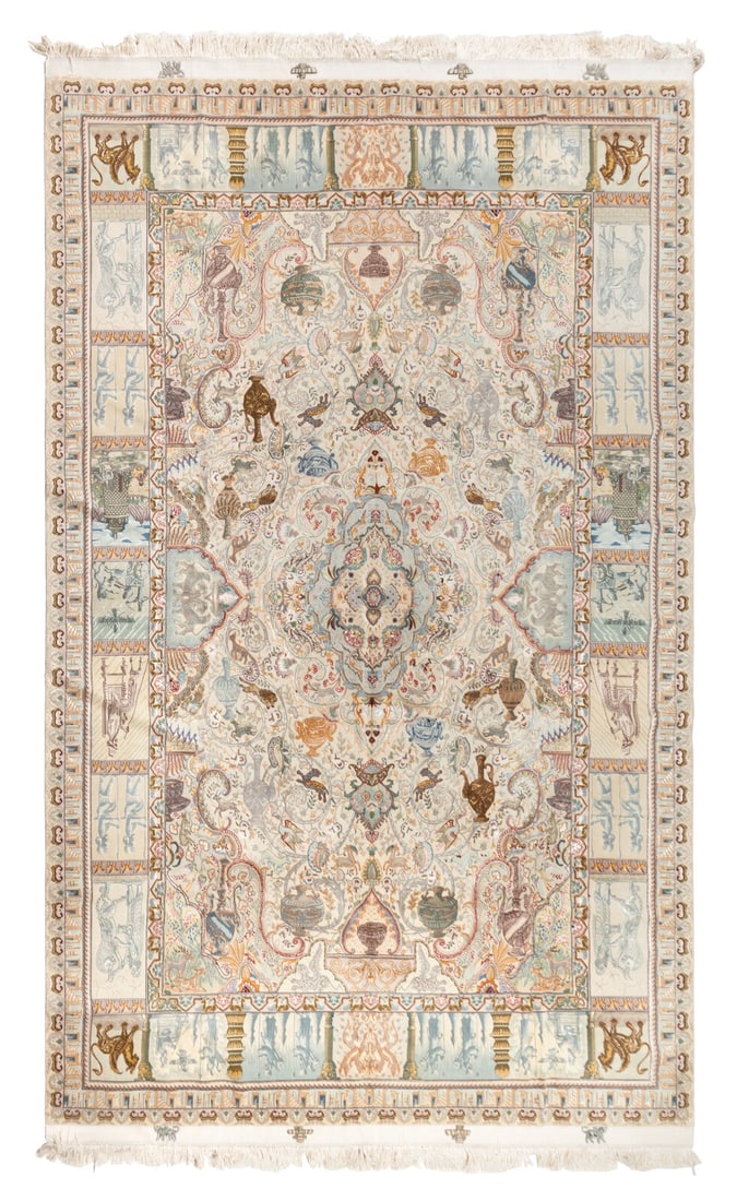 A Tabriz Pictorial Rug: A Tabriz Pictorial Rug Second Half 20th Century 10 feet 4 inches x 6 feet 5 inches. This lot is located in Chicago.
