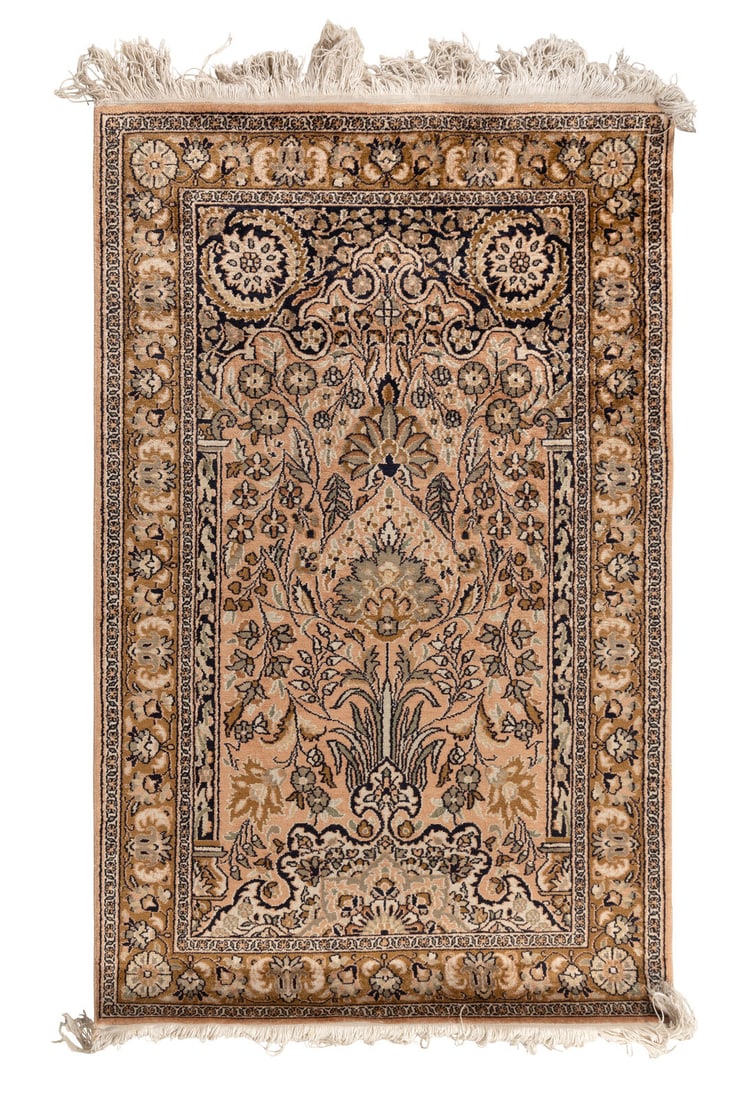 A Turkish Silk Rug: A Turkish Silk Rug 20th Century 3 feet 11 inches x 2 feet 7 inches. This lot is located in Chicago.