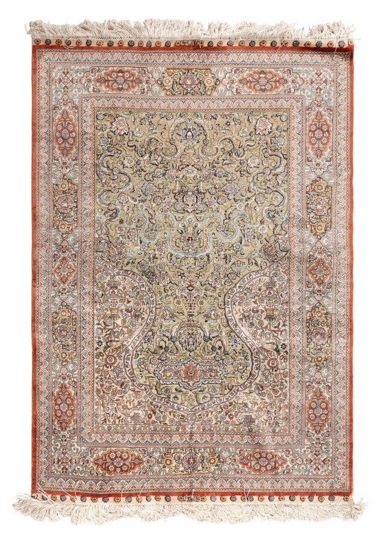 A Turkish Silk and Metallic Thread Prayer Rug: A Turkish Silk and Metallic Thread Prayer Rug 20th Century 4 feet 3 inches x 3 feet. This lot is located in Chicago. Provenance: Burchard Galleries, Inc., St. Petersburg, June 30 2019, lot 1155.