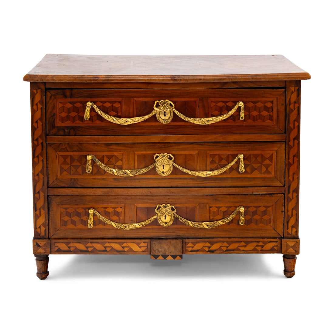 An Italian Neoclassical Gilt-Bronze Mounted, Parquetry and Walnut Table Cabinet: An Italian Neoclassical Gilt-Bronze Mounted, Parquetry and Walnut Table Cabinet 19th Century Height 13 1/2 x width 18 x depth 10 1/2 inches. This lot is located in Chicago. Provenance: Property of Tom
