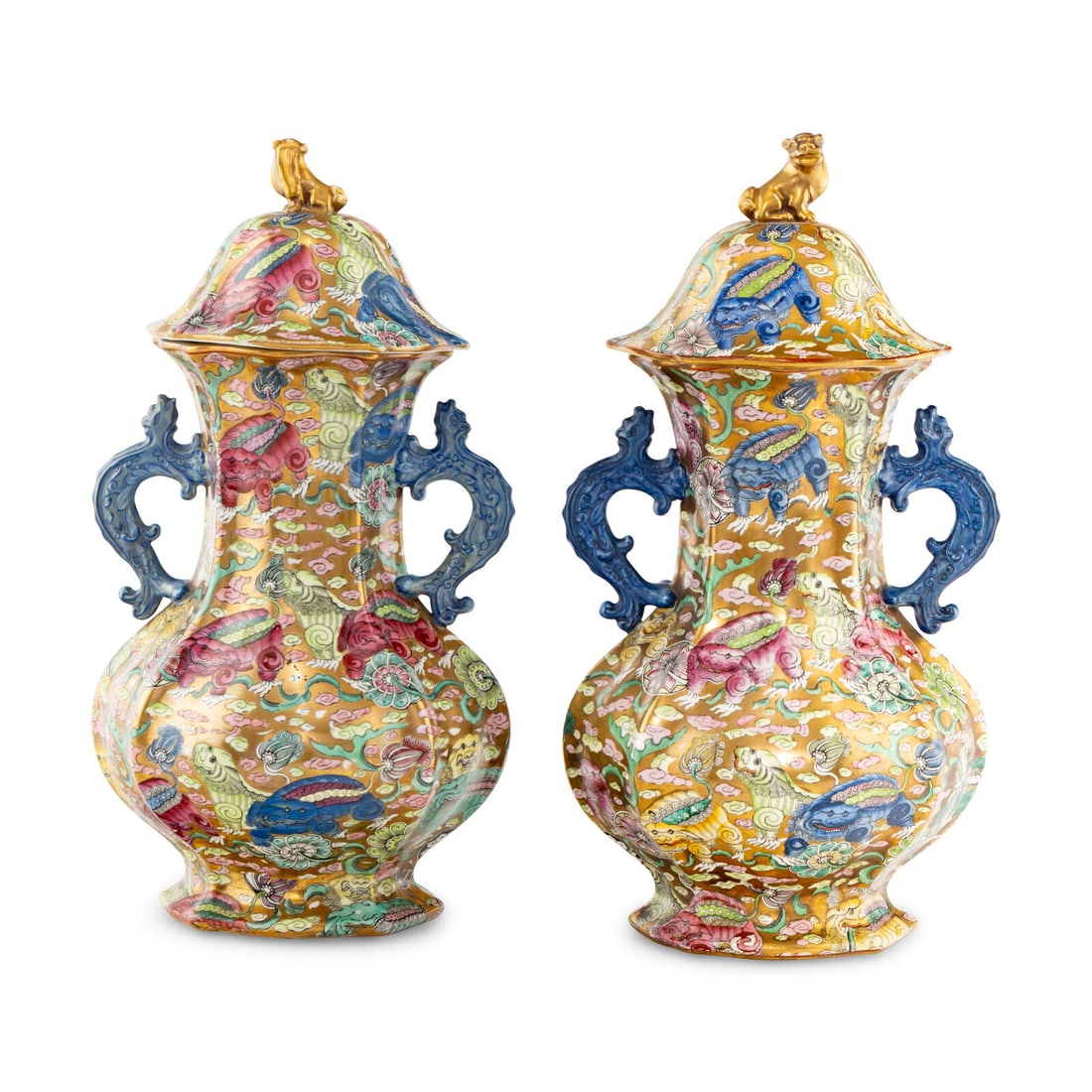 A Pair of English Parcel Gilt Ironstone Covered Vases, in the Chinese Taste (1 of 2)