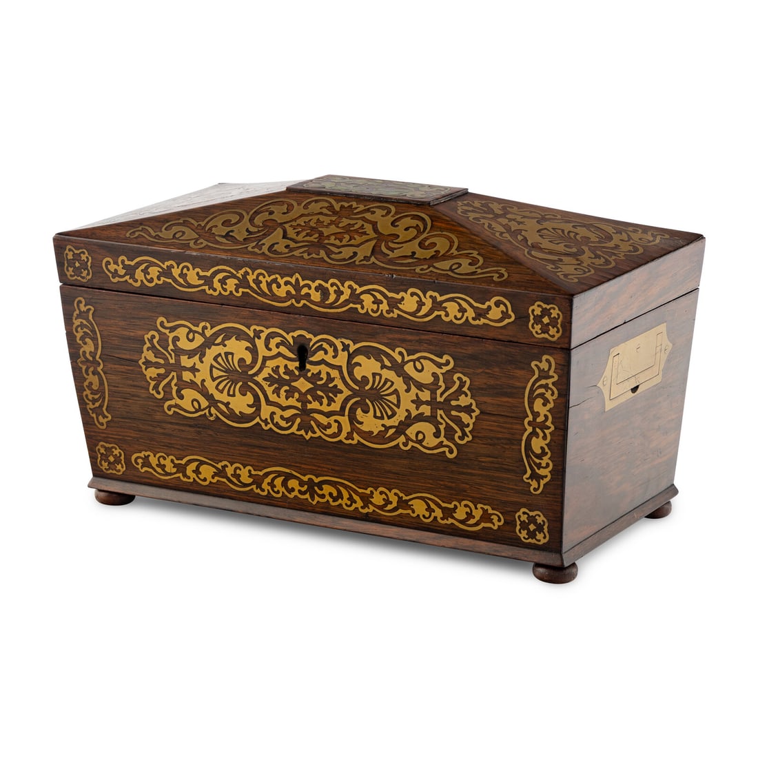 A Regency Brass Inlaid Rosewood Tea Caddy: A Regency Brass Inlaid Rosewood Tea Caddy Manufactured by G.C. Diller bearing a label for the maker to the interior. Height 7 x width 12 x depth 6 1/4 inches. This lot is located in Chicago.