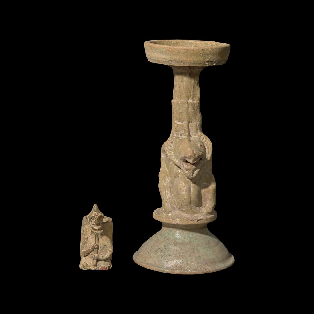 Two Chinese Green Glazed Iridescent Pottery Figural-Form Vessels, Possibly Han Dynasty 或: Two Chinese Green Glazed Iridescent Pottery Figural-Form Vessels, Possibly Han Dynasty 或為漢 陶綠釉胡人俑及熊形 Possibly Han