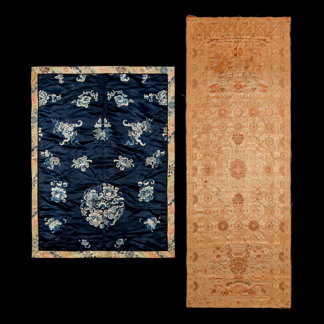 Two Chinese Silk Rectangular Panels, 19th Century 清晚期 織錦壽: Two Chinese Silk Rectangular Panels, 19th Century 清晚期 織錦壽字紋椅披及石青緞牡丹紋綉Ĥ