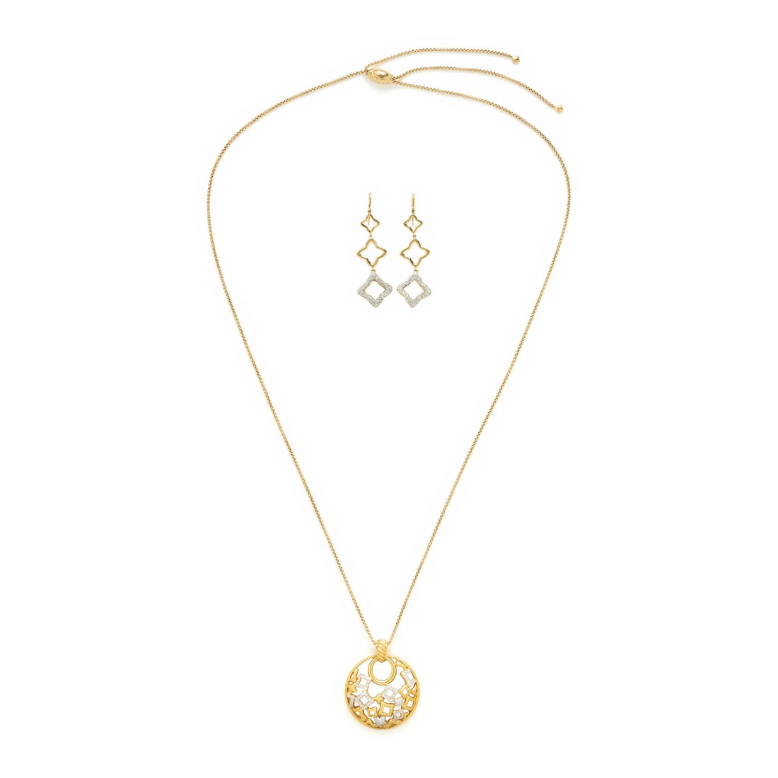 David Yurman, 'Quatrefoil', Yellow Gold and Diamond Pendant Necklace and Earrings: David Yurman, 'Quatrefoil', Yellow Gold and Diamond Pendant Necklace and Earrings The pendant set with round brilliant cut diamonds weighing approximately 0.90 carat total, and the earrings set with r