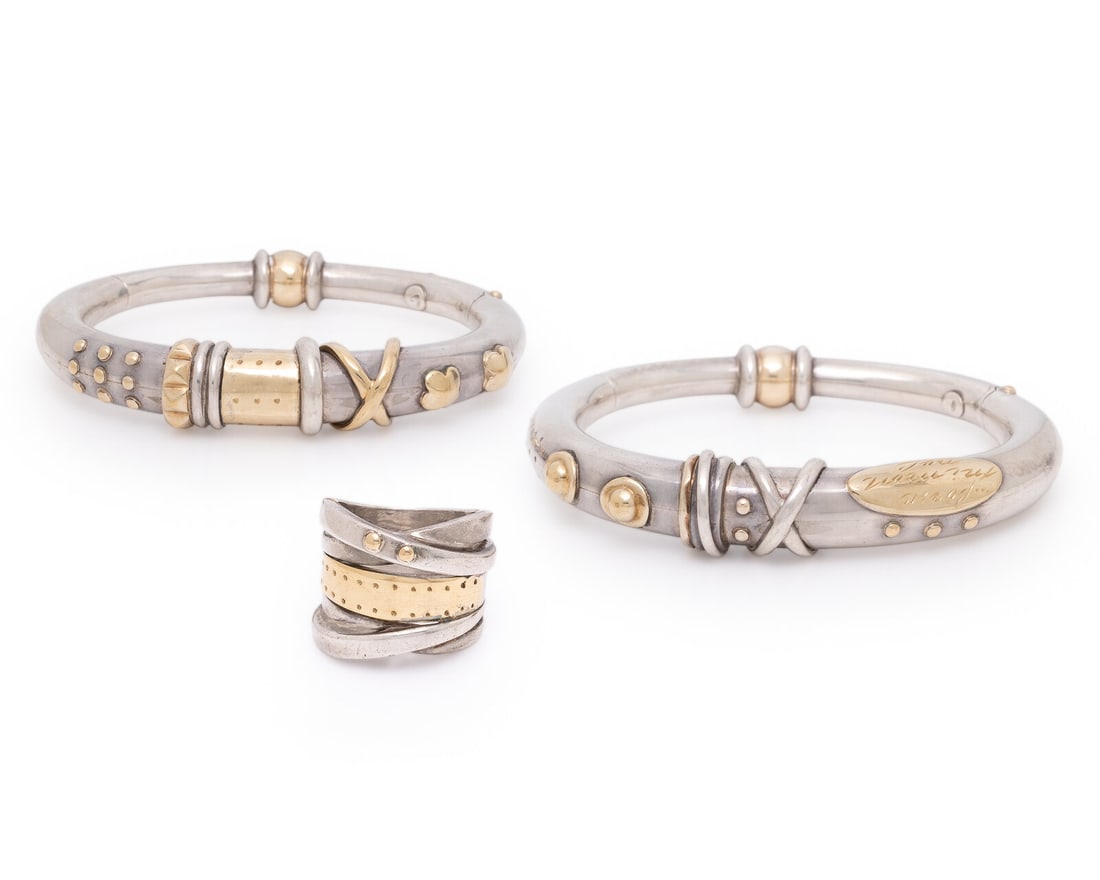 La Nouvelle Bague, Collection of Sterling Silver and Yellow Gold Jewelry: La Nouvelle Bague, Collection of Sterling Silver and Yellow Gold Jewelry Including two bangle bracelets, hinged with side clasps, and a ring. Sterling silver and 18 karat yellow gold. Bangles: 6 1/2 i