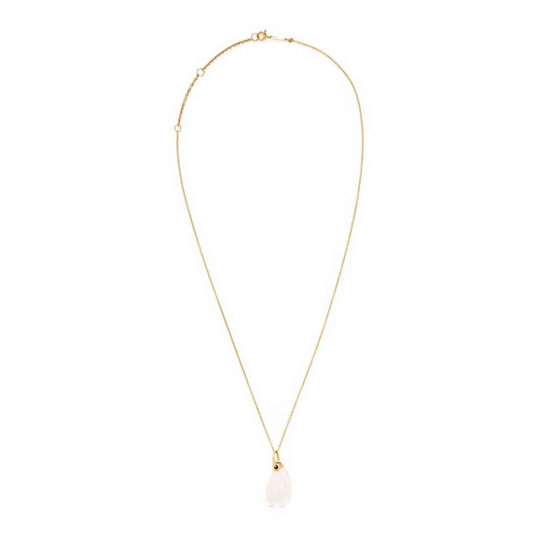 Tiffany & Co., Elsa Peretti, 'Teardrop', Rock Crystal Quartz and Yellow Gold Necklace: Tiffany & Co., Elsa Peretti, 'Teardrop', Rock Crystal Quartz and Yellow Gold Necklace Teardrop shape rock crystal quartz measuring approximately 21.90 x 9.00 mm. 18 karat yellow gold. Chain: 16 3/4 in