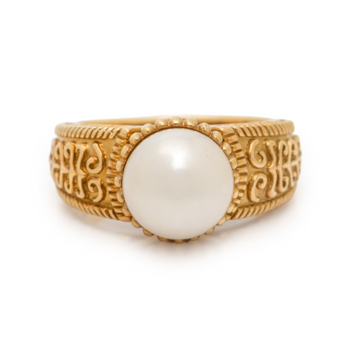 Bach, Yellow Gold and Cultured Pearl Ring: Bach, Yellow Gold and Cultured Pearl Ring Cultured pearl measuring approximately 9.30 mm. 18 karat yellow gold. Ring size 7 1/4. Stamp: BACH 18K. Gross weight: 8.20 dwt. This lot is located in Chicago