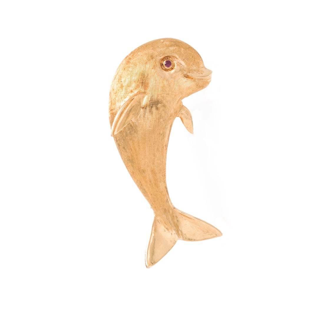 Frank J. Golden, Yellow Gold Dolphin Brooch: Frank J. Golden, Yellow Gold Dolphin Brooch Round ruby eye. 14 karat yellow gold. 1 7/8 x 3/4 inches. Stamp: 02 FJG 14K. Gross weight: 5.25 dwt. This lot is located in Chicago.